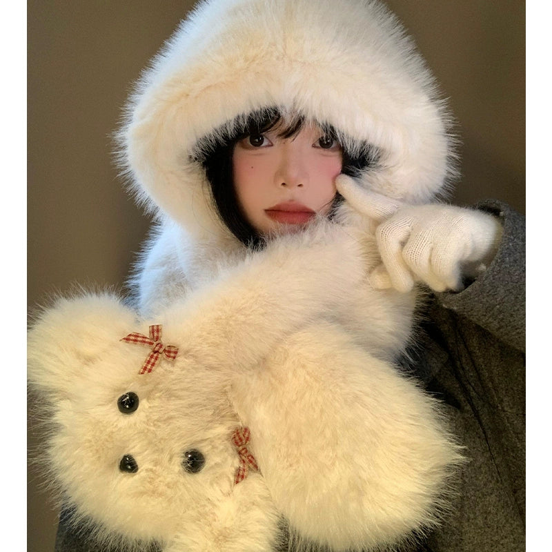 Cute bow dog plush hat scarf in one