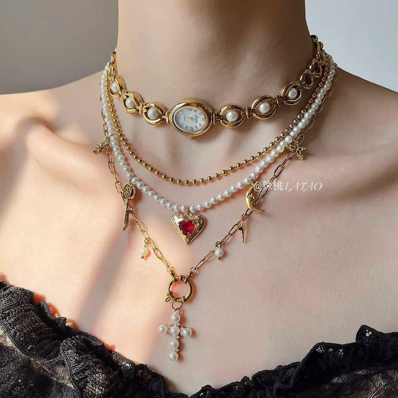 Diana Pearl Love Gold Clock Cross Necklace choker