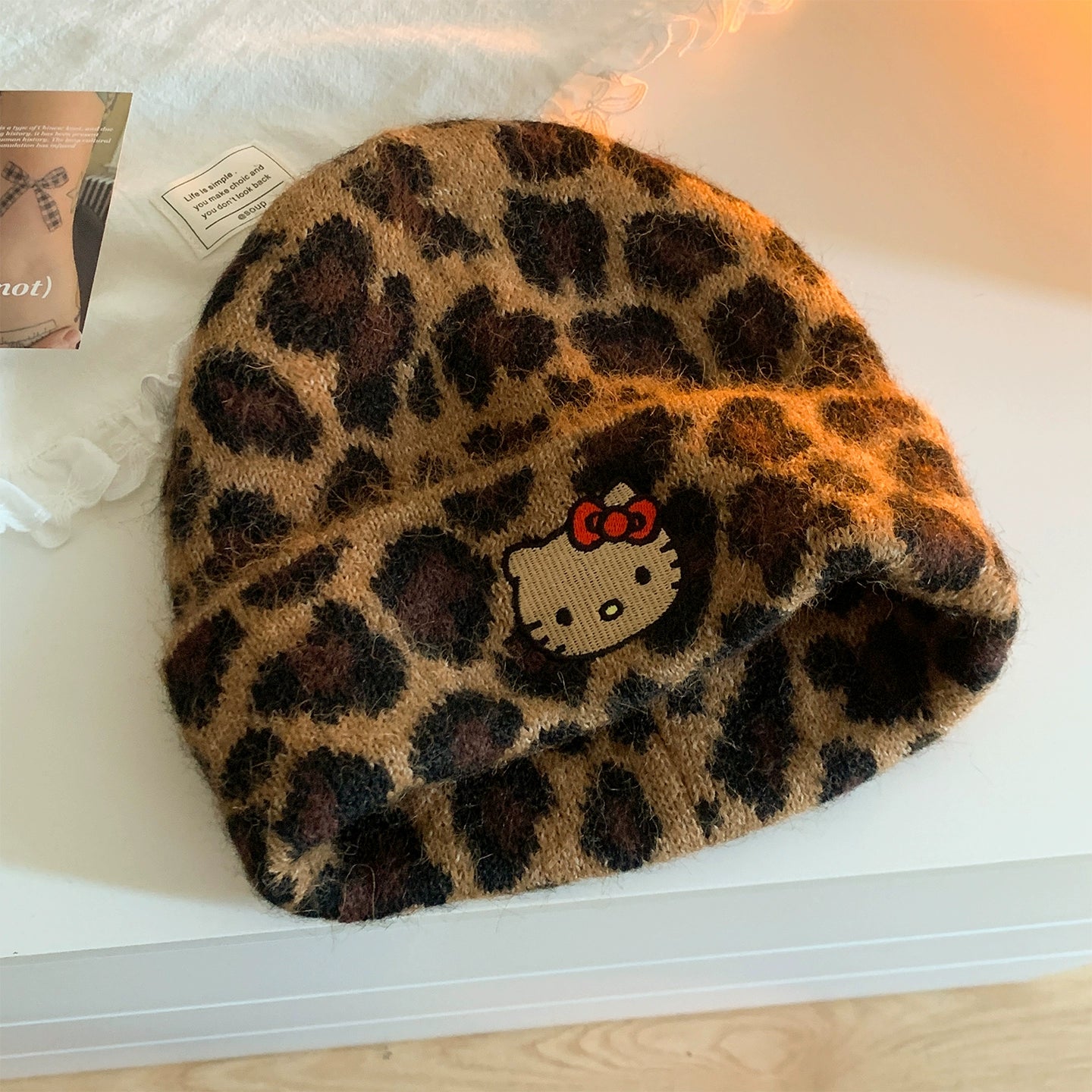 Kitty leopard print woolen hat