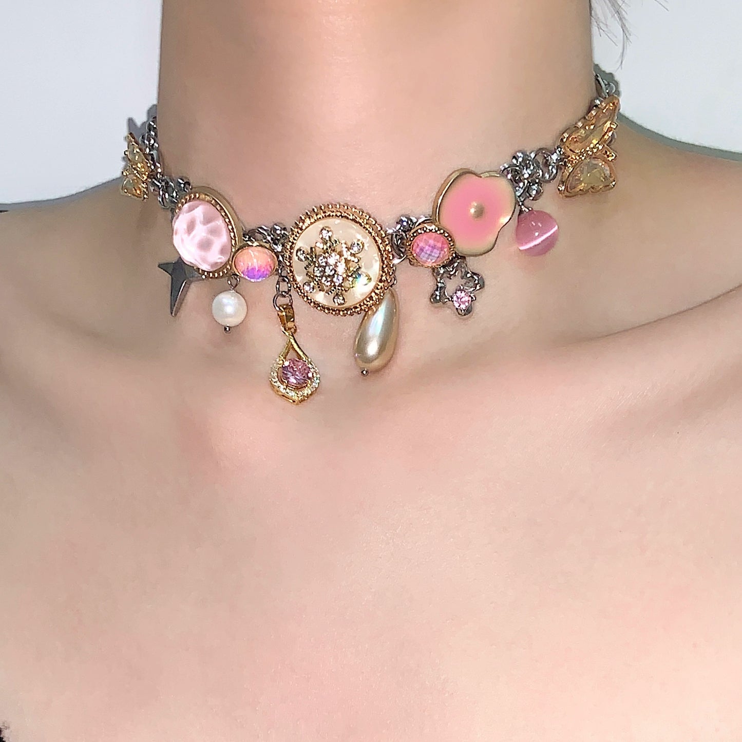 Golden Pink Beauty "Butterfly Button Titanium Steel Joker Bracelet Necklace