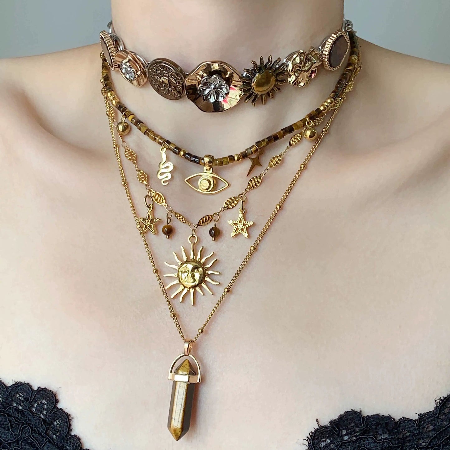 Prometheus Retro Tiger Eye Brown Starry Sun Multi Layer Stacked Necklace