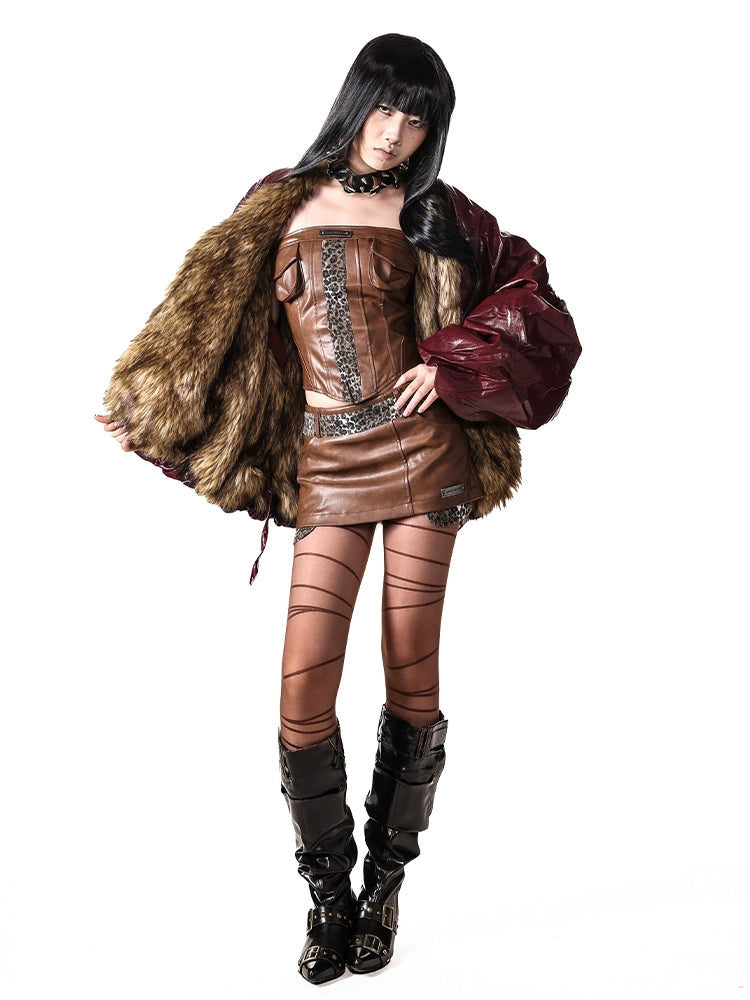 Leopard print tube top leather mini skirt set