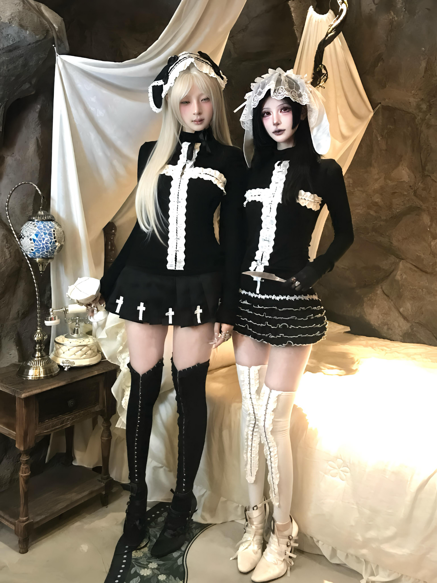 Gothic lace patchwork cross long sleeved shirt