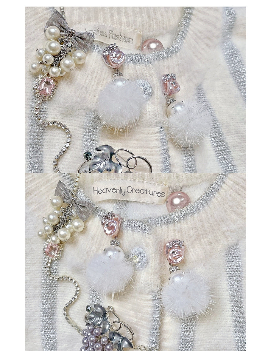 ~*Cherry Blossom Candy and Snow Rabbit *~Pink Pearl&Sparkling Diamond Ball White Christmas Hairy Ball Earrings