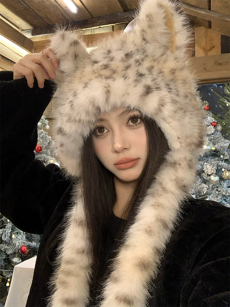 Fox Ears Leopard Pattern Plush Hat