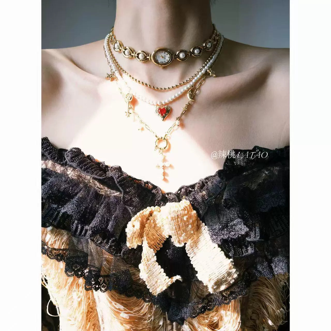 Diana Pearl Love Gold Clock Cross Necklace choker