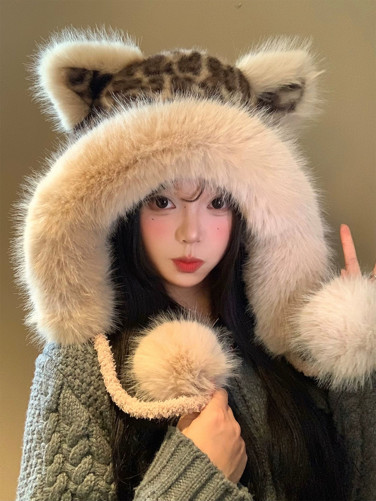 Leopard print fox ear plush hat