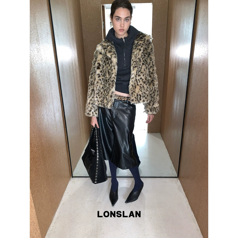 Flip collar buckle leopard print fur coat