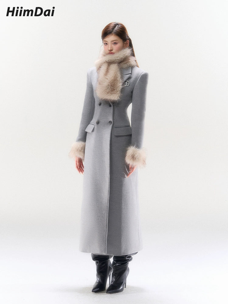 Sliver Grey Silhouette Overcoat With Scarf