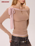 Cross shoulder long sleeved T-shirt knitted top