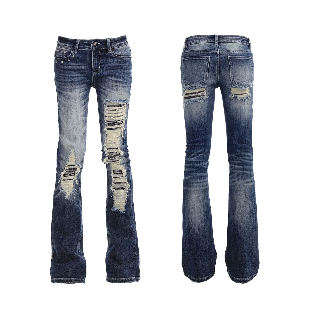 Blue washed distressed patterned tight flared pants