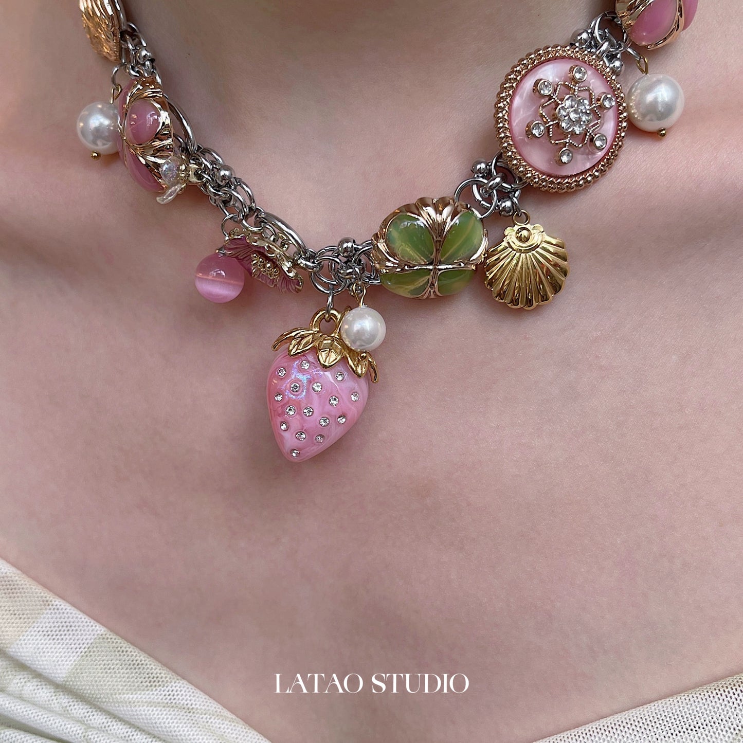 JUICY Pink Strawberry Flower Sea Pearl Colored Titanium Steel Necklace