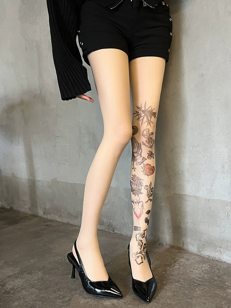 Graffiti print tattoo pantyhose