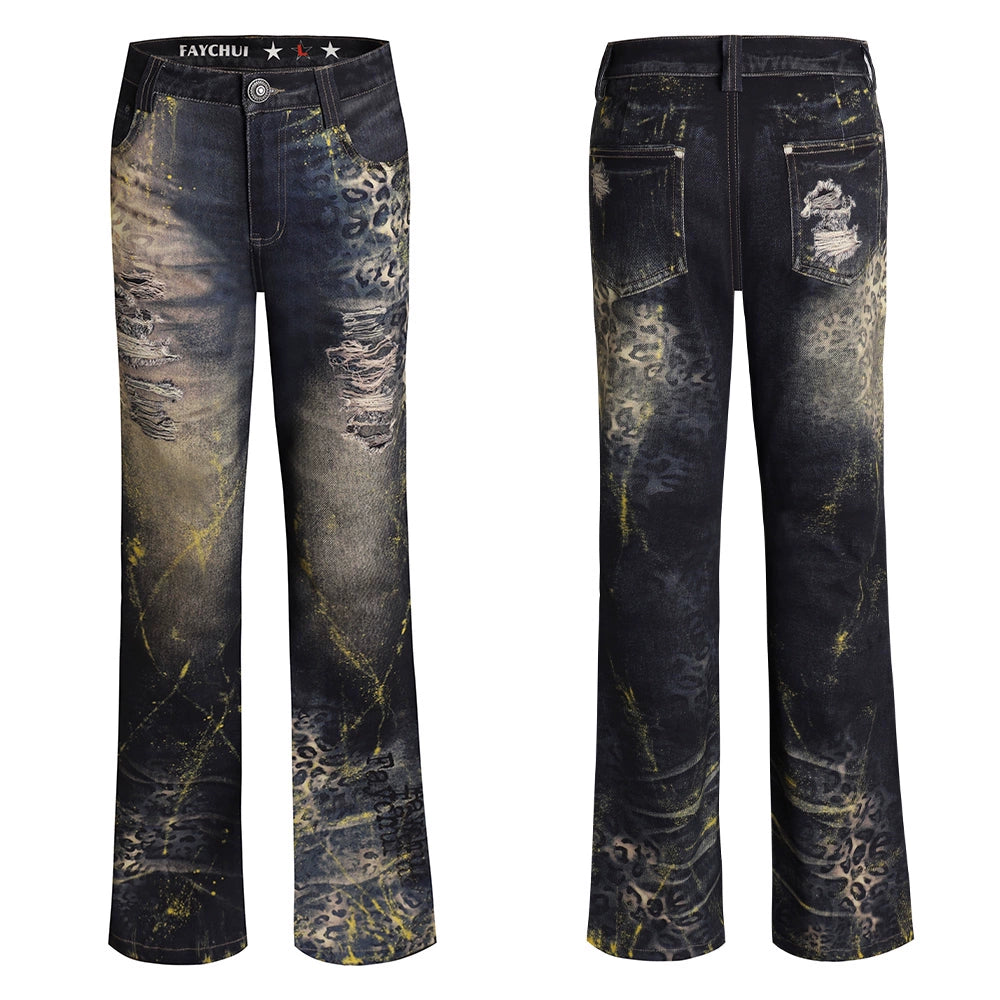 Leopard print hot stamping flared jeans