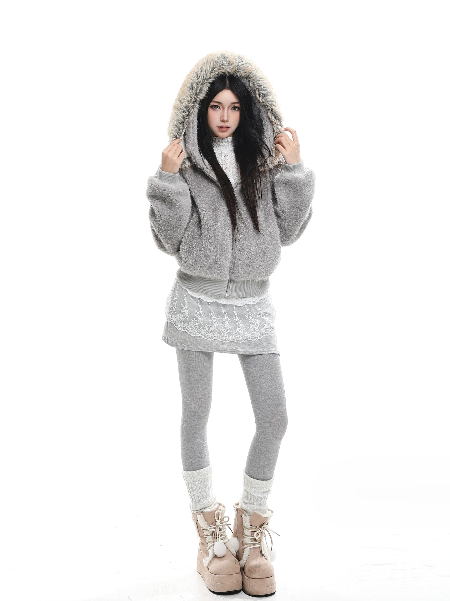 Detachable fur collar hooded cotton jacket
