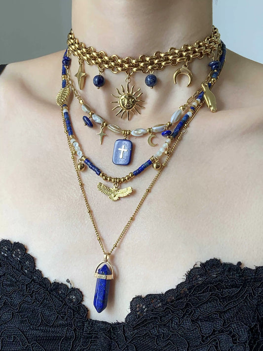 Mondrian Retro Blue Gold Sun Cross Lapis Stone Necklace
