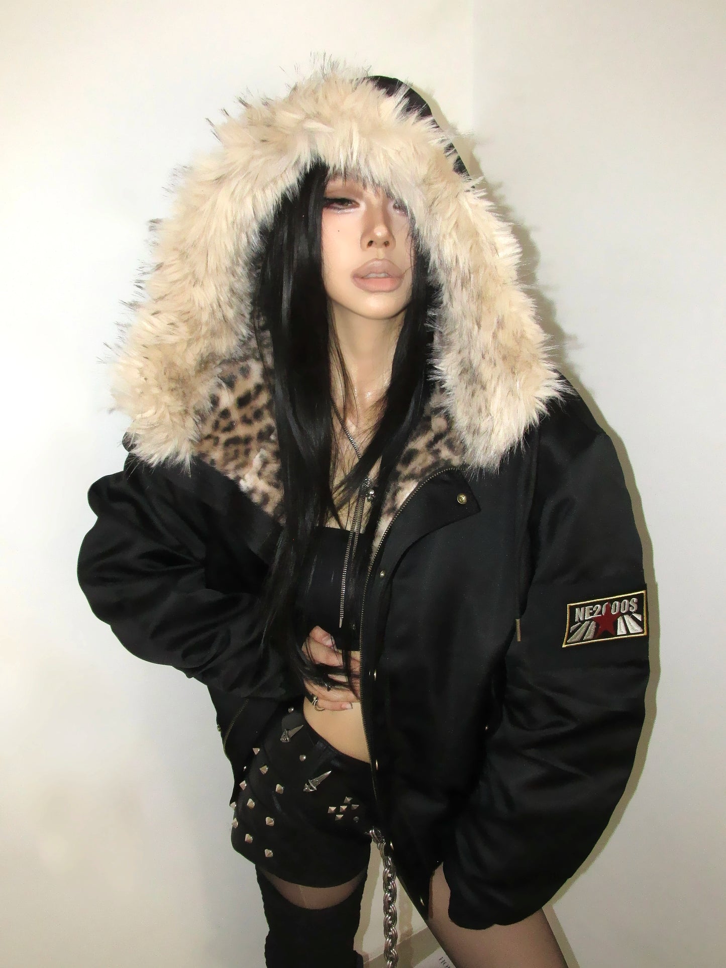 Leopard print hooded fur collar thickened 2000 red star armband cotton jacket