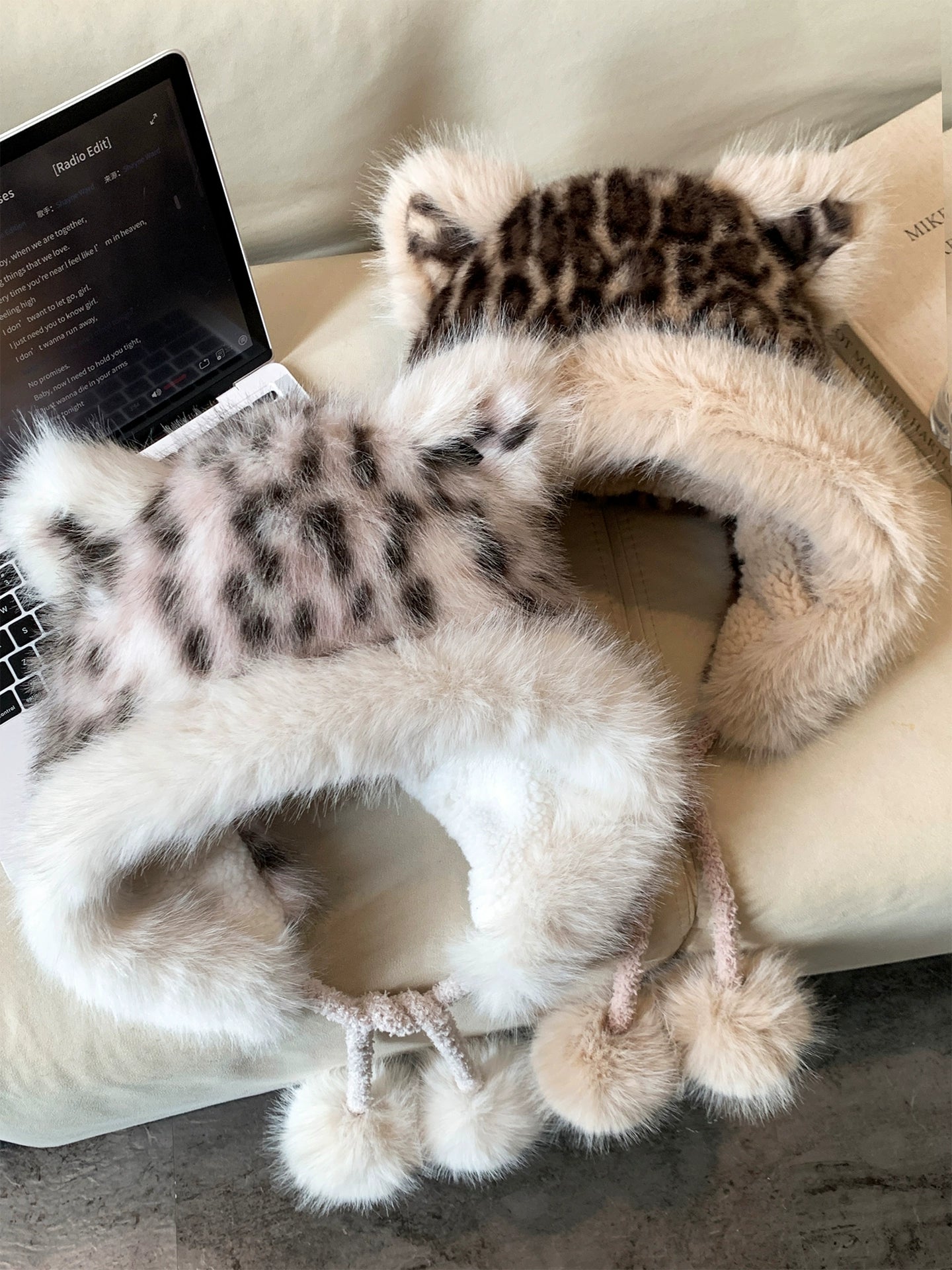 Leopard print fox ear plush hat