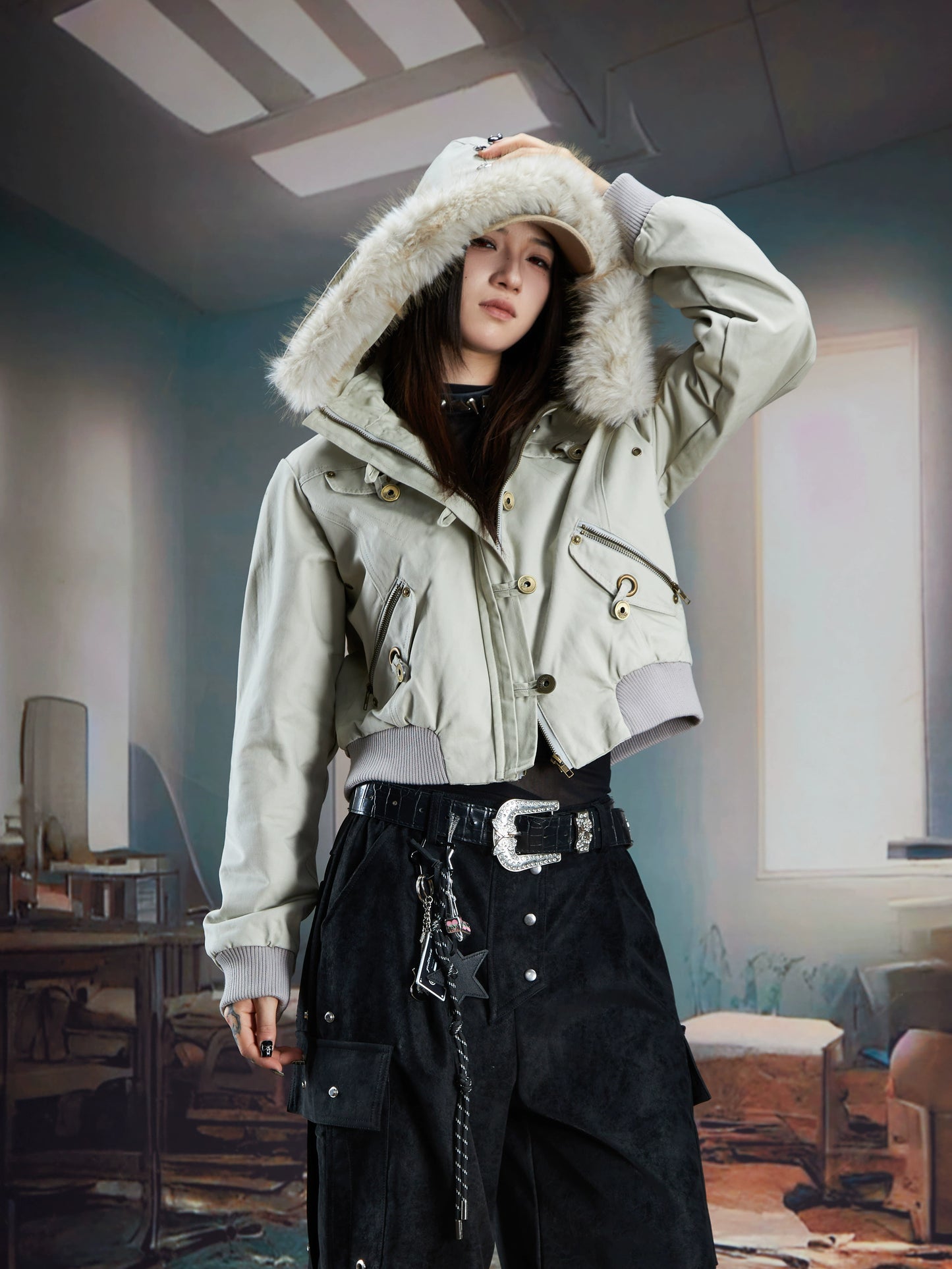 Detachable fur hooded punk jacket