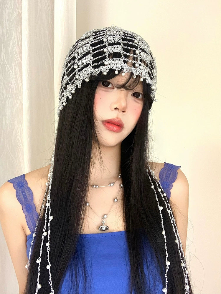 Handmade metal chain pearl hollow hat