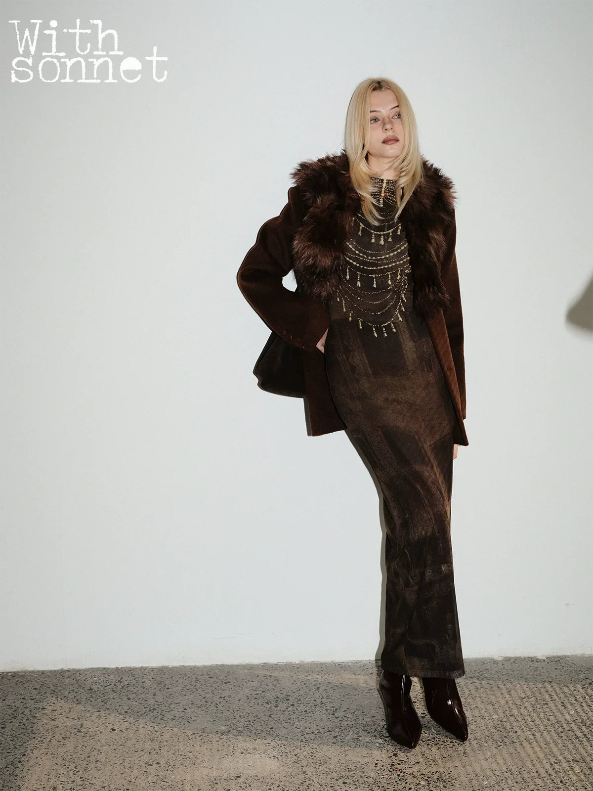 Golden brown necklace print dress