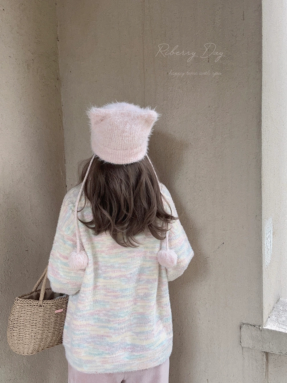 Imitation mink fur soft pink handmade fur ball cat ear hat scarf