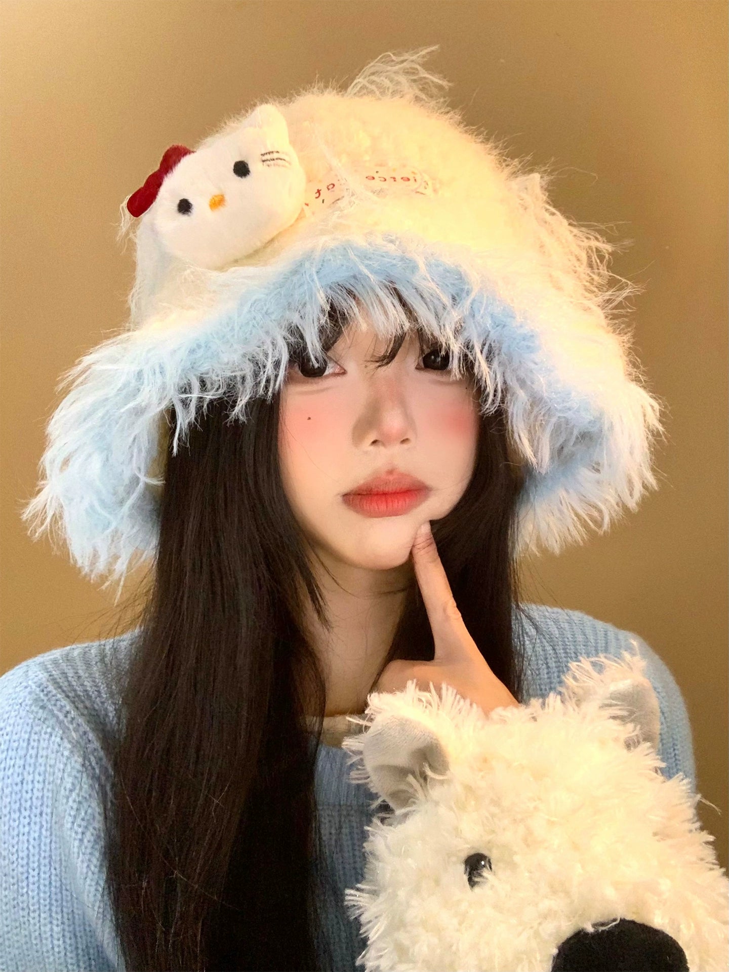 Kitty cat plush knitted fisherman hat