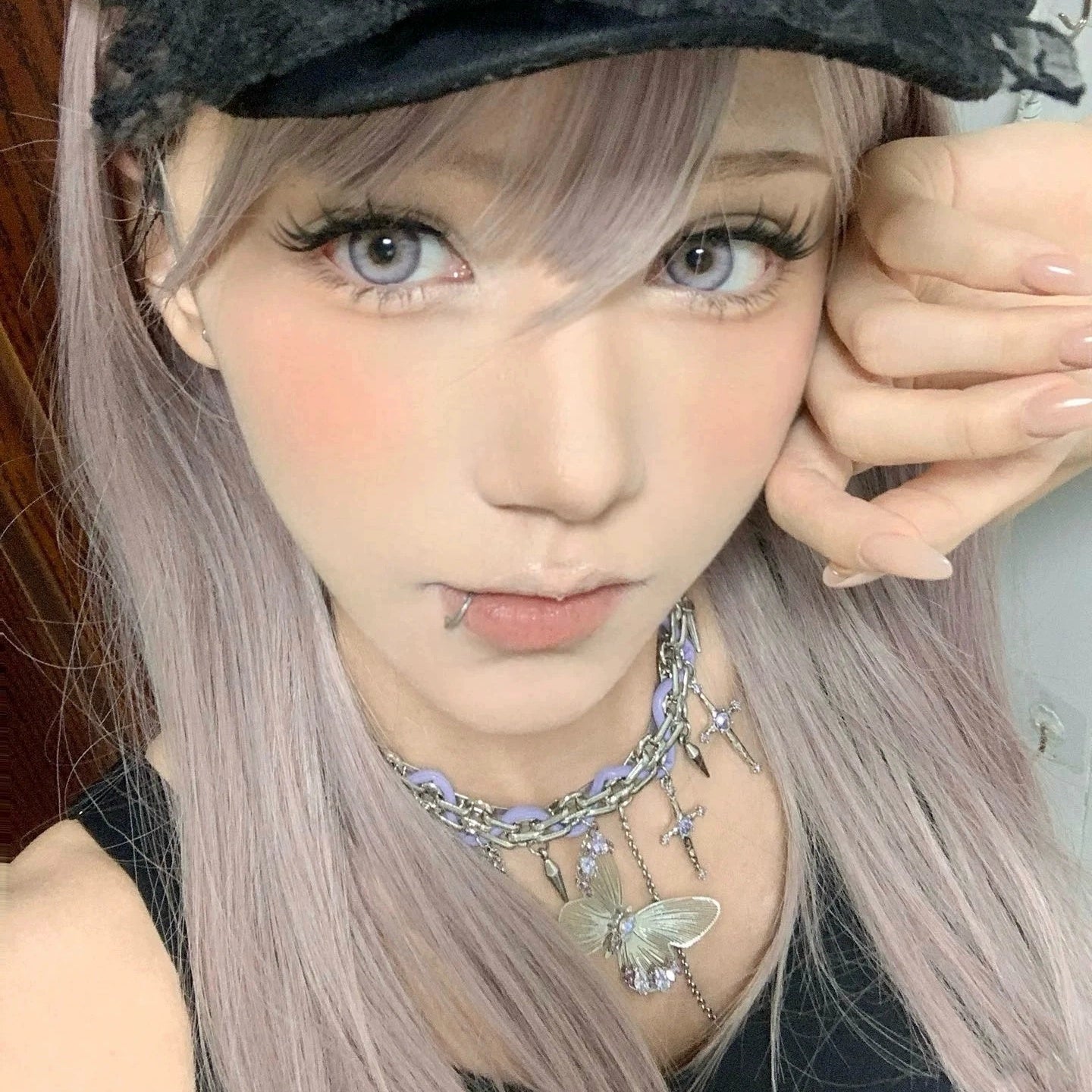 Exquisite Purple Diamond Hollow Cross Butterfly Necklace Ring