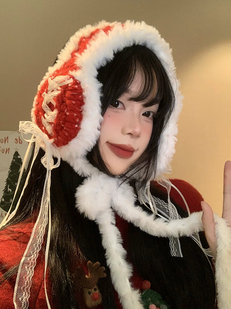 Red lace bow knitted earmuffs