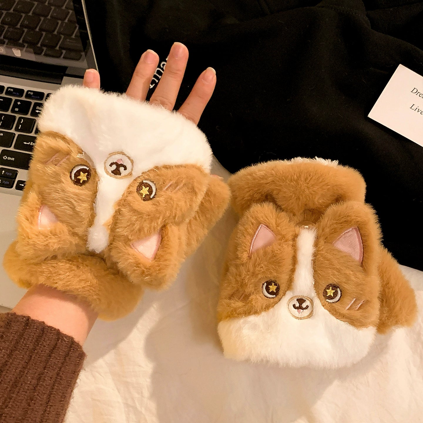 Lanhua Cat Flip up Half Finger Plush Gloves