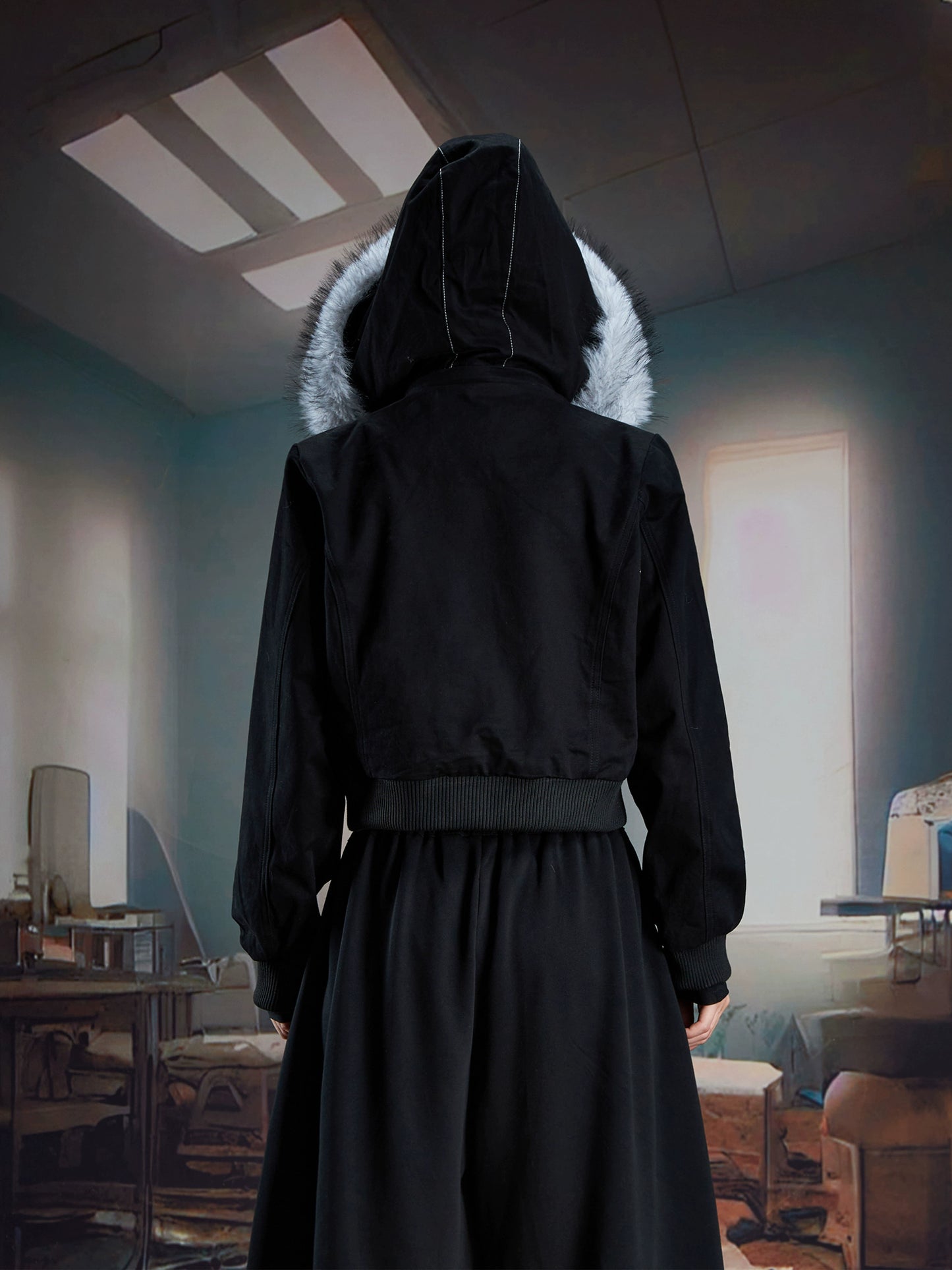 Detachable fur hooded punk jacket