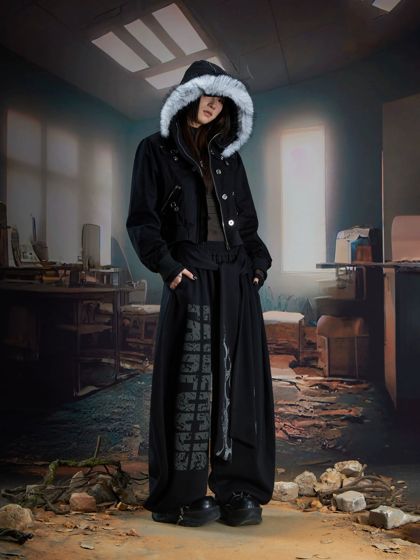 Detachable fur hooded punk jacket