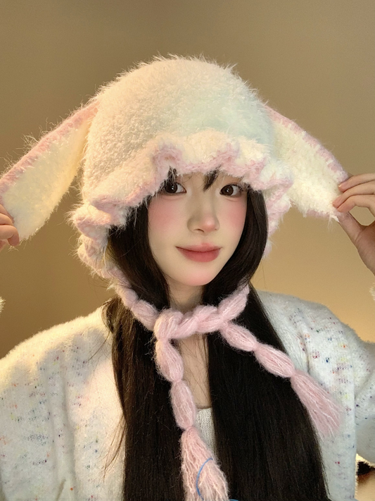 Pink rabbit ear plush knitted ear protection cap