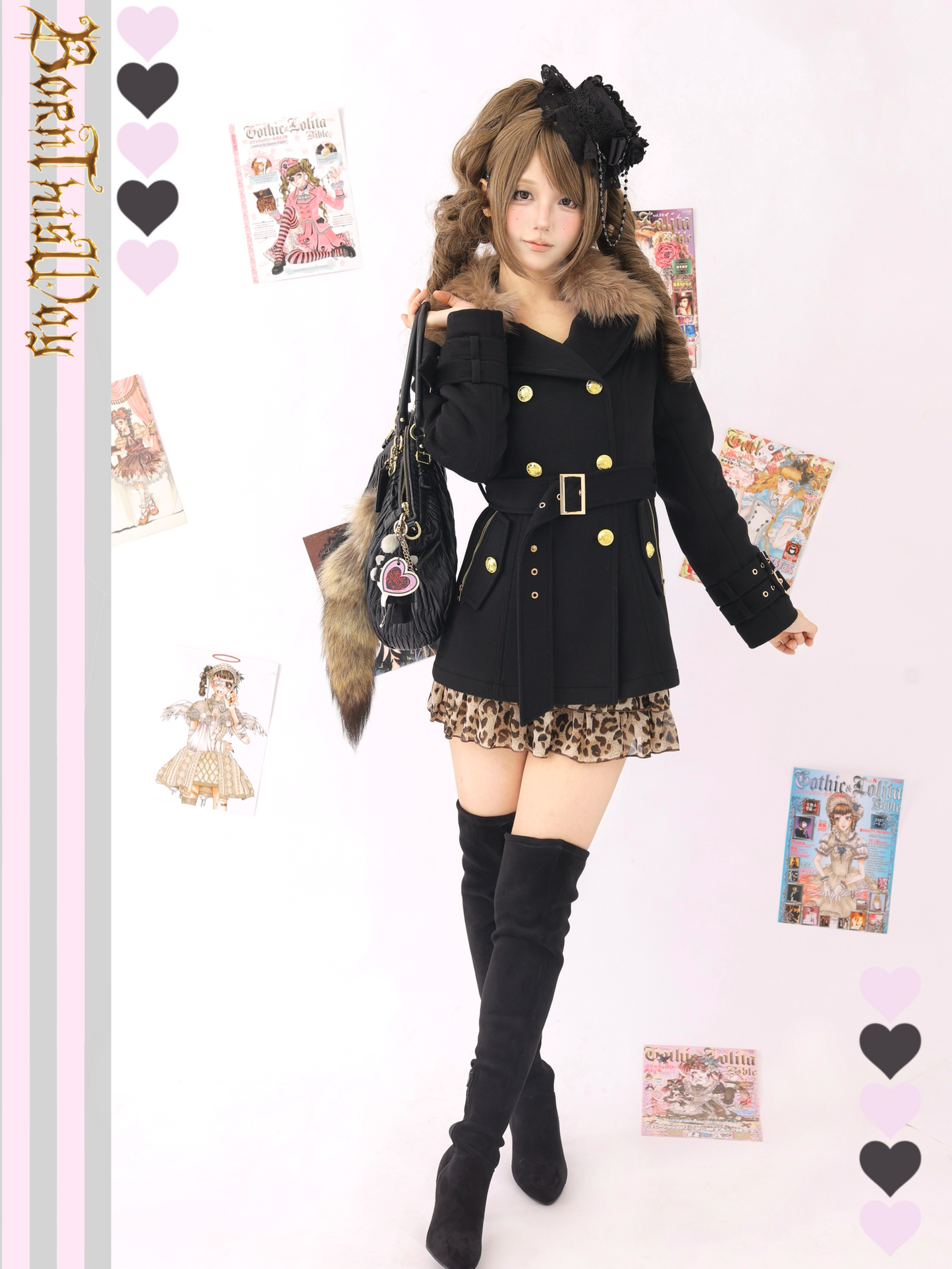 Double breasted woolen coat with fur collar