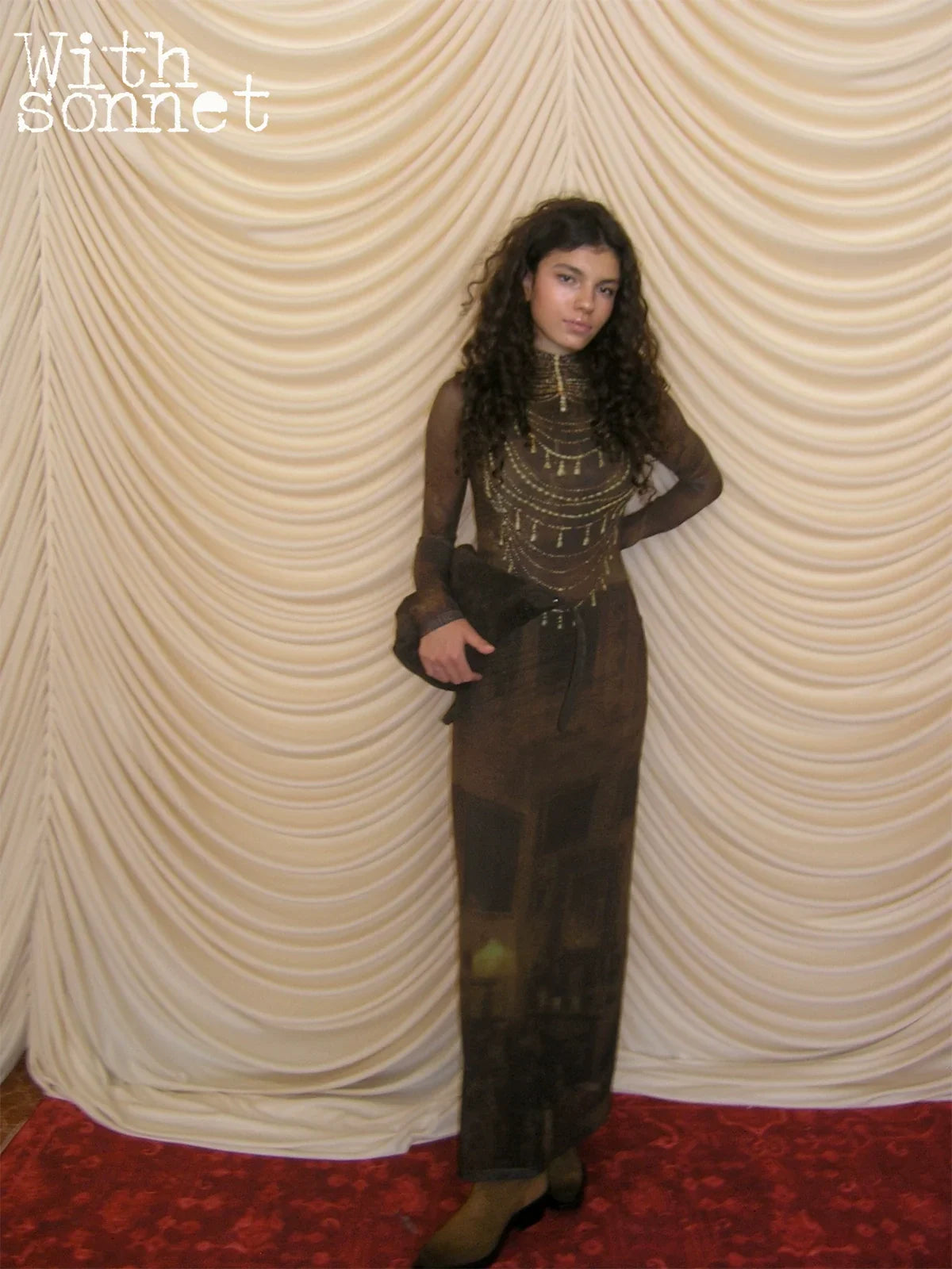 Golden brown necklace print dress