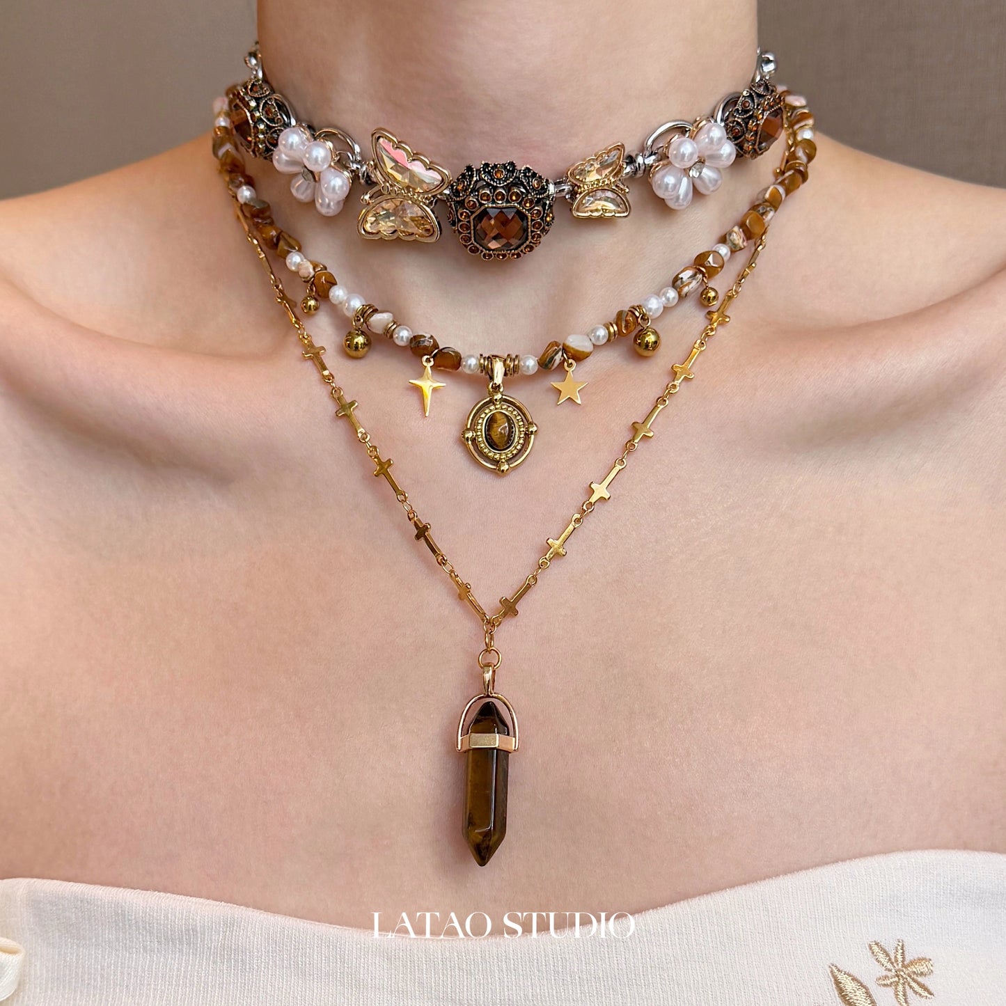 Late Autumn Brown Tiger Eye Flower Pearl Vintage Beaded Necklace