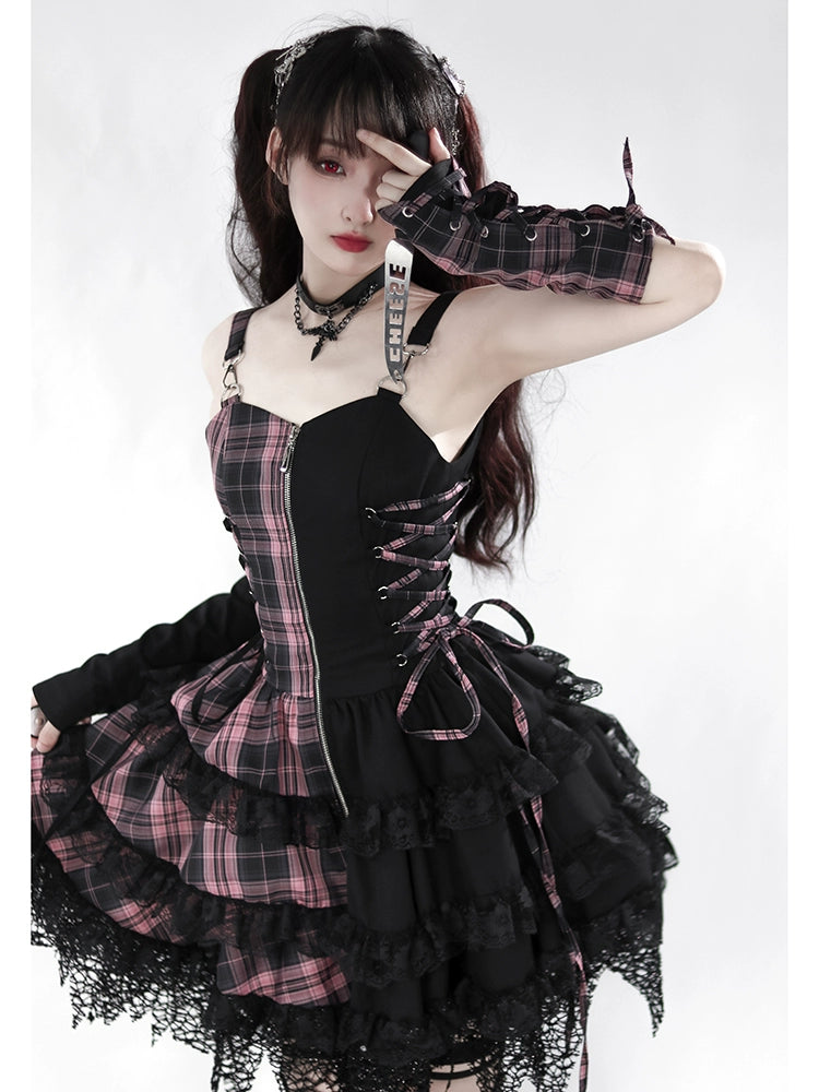 Dark Pink Grid Splicing Cake Lace Dress