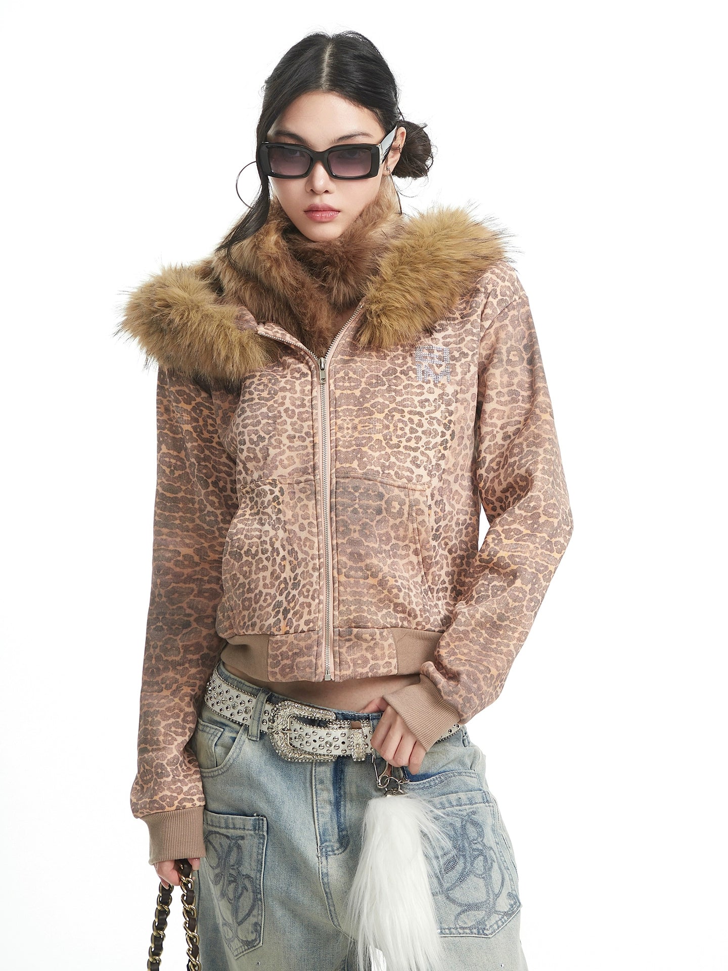 Retro leopard print fur collar thick short jacket