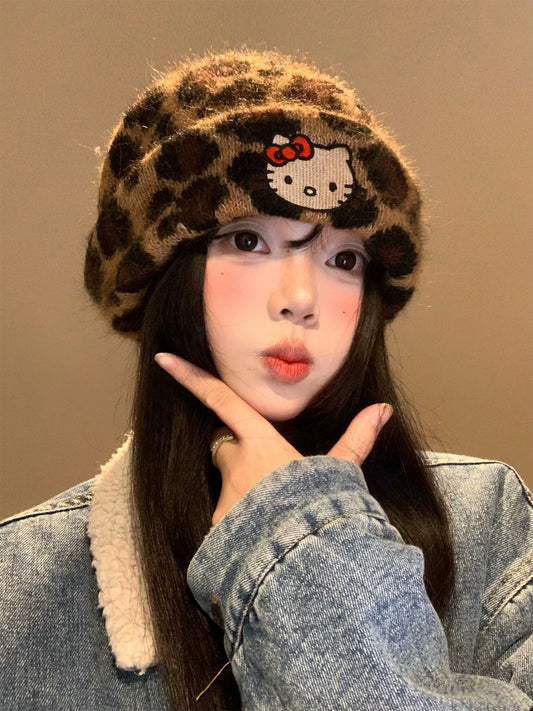 Kitty leopard print woolen hat