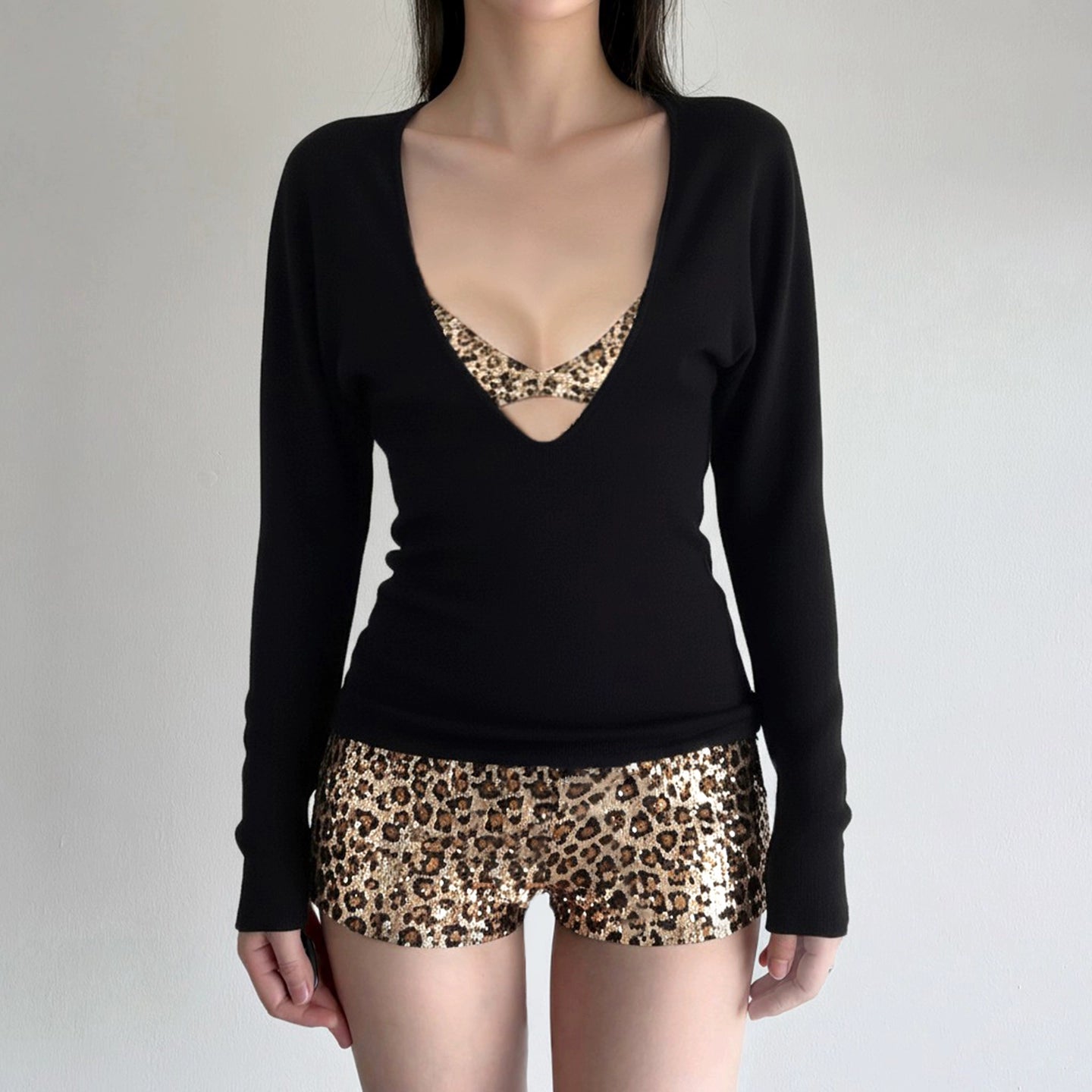 Color blocking casual suit women's leopard print sequined bikini two-piece set+V-neck T-shirt