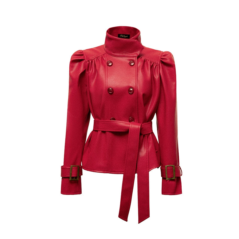 Wrinkled stand up collar red shirt