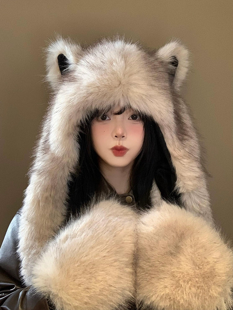 Cute fox ears plush hat scarf hat in one