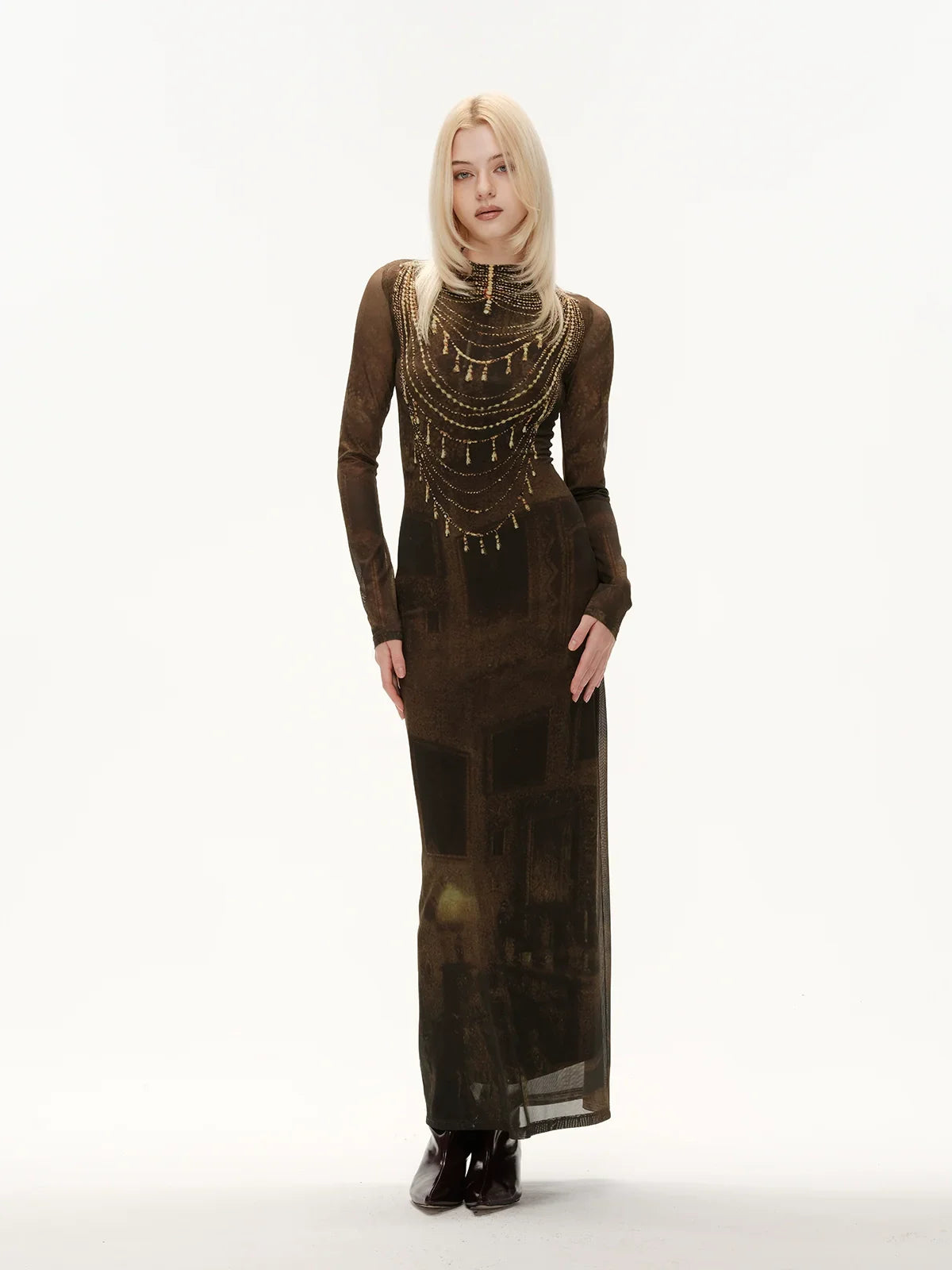 Golden brown necklace print dress