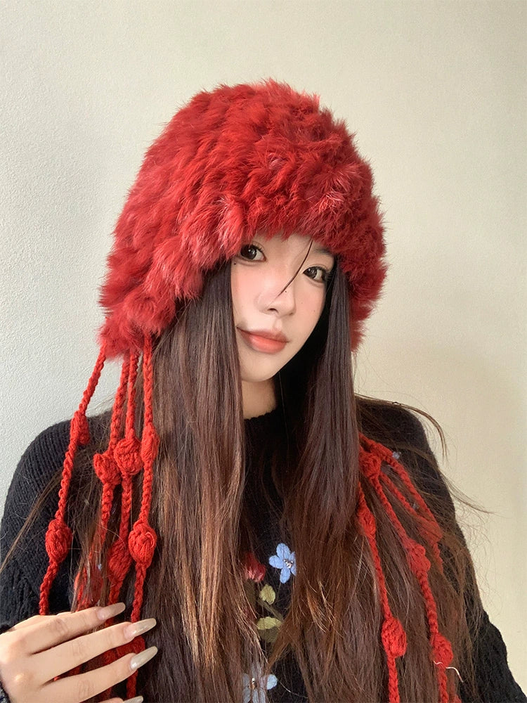 Red rabbit fur knitted plush hat