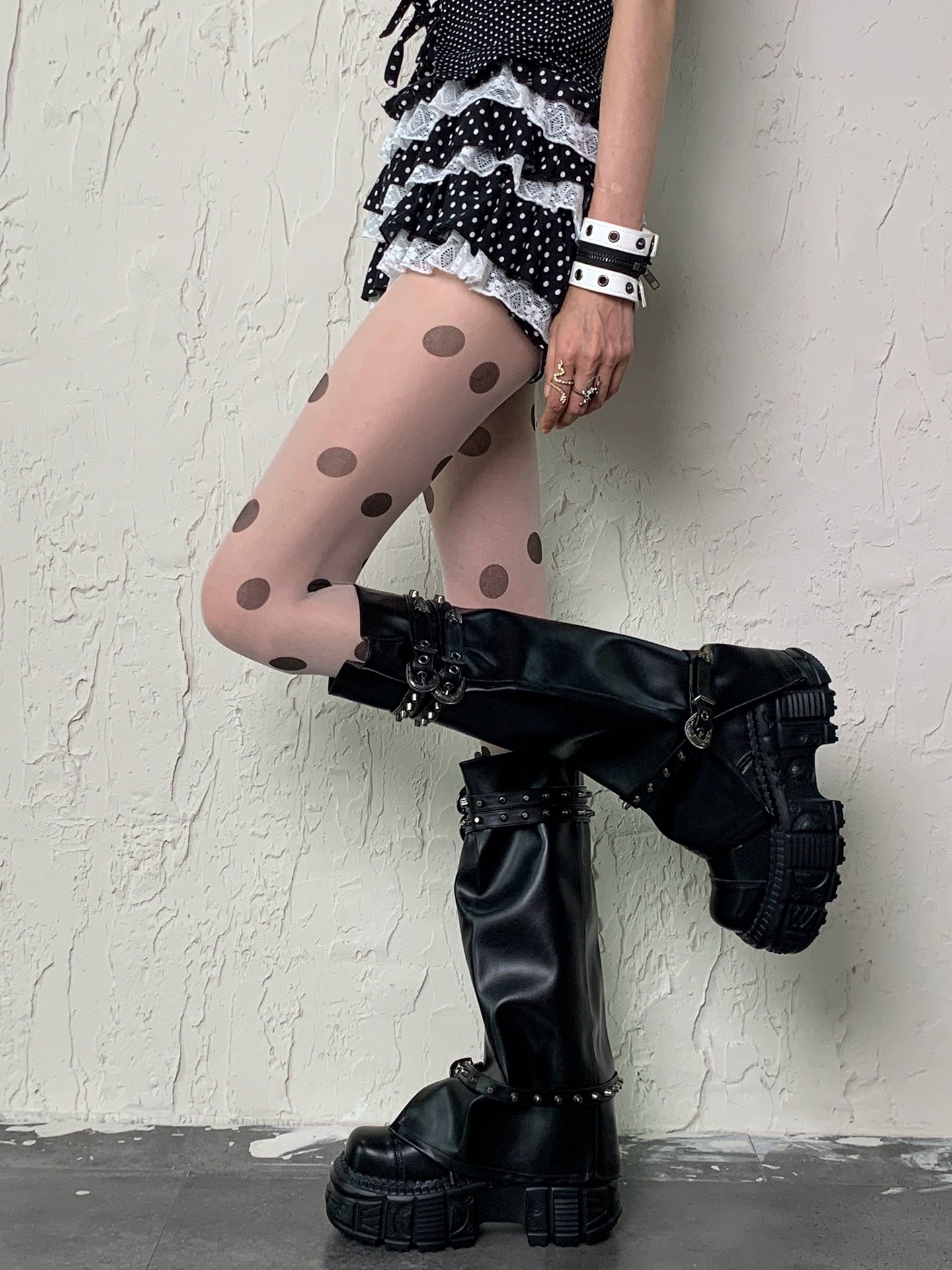 White background large polka dot stockings