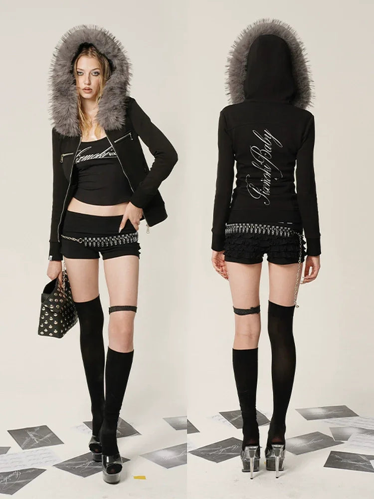 Black and white hoodie jacket with detachable fur collar