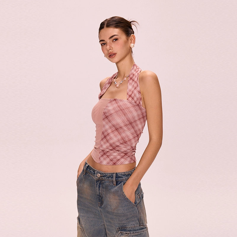 Pink checkered patchwork halter strap with exposed back