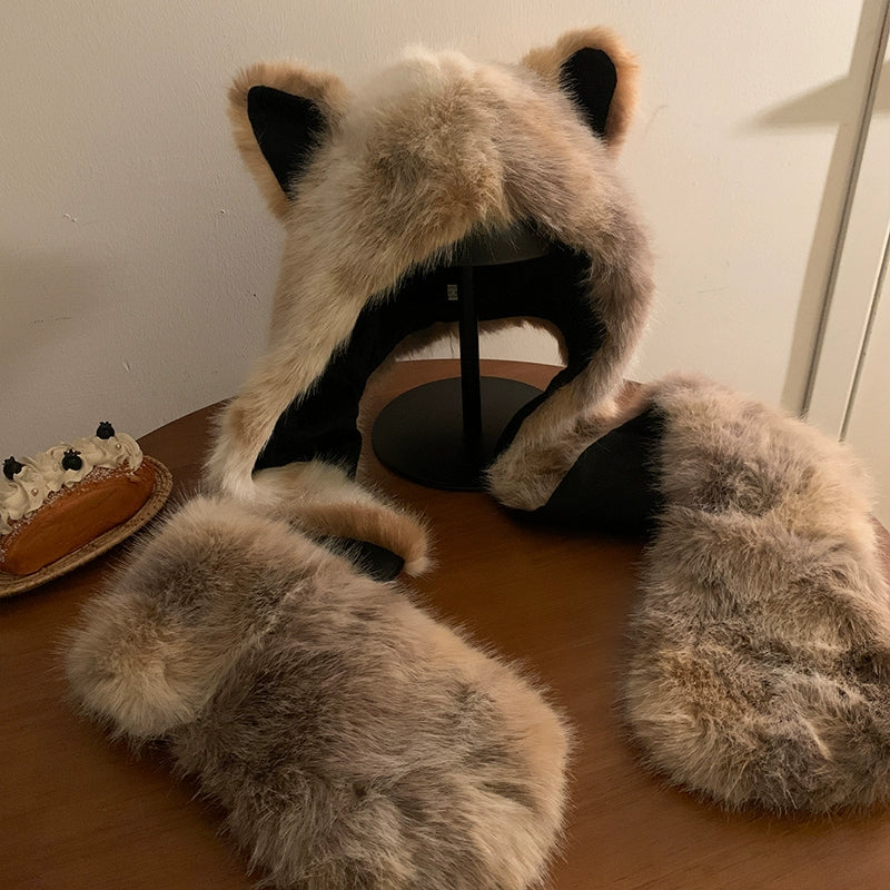Cute fox ears plush hat scarf hat in one