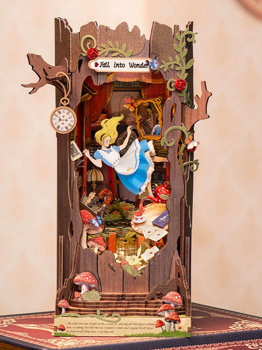Alice falls into Wonderland, book stands, DIY hut assembles handmade building blocks