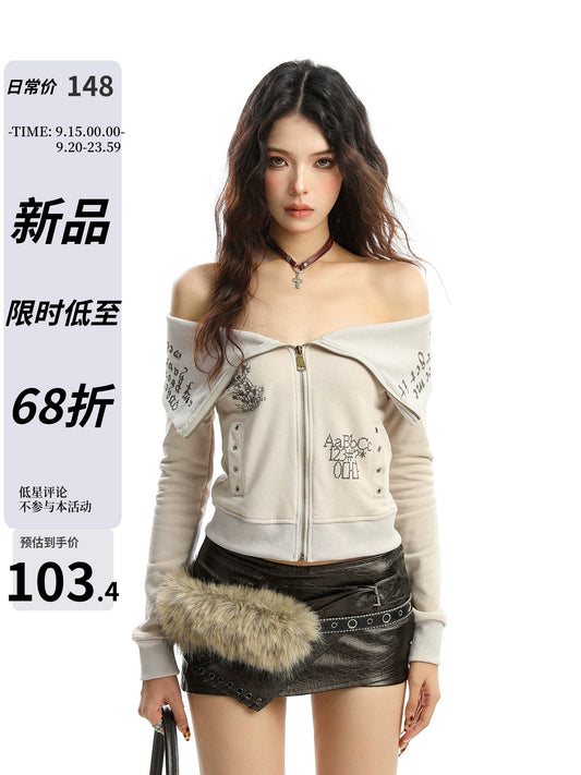 Large collar zipper one shoulder hoodie